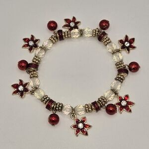 Kenneth Cole Red Flower Charm Bracelet Crystal Beads‎ Stretch Holiday Jewelry